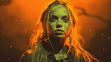 a girl with green makeup on her face in front of an orange background generative ai photo