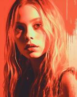 a girl with long blonde hair in front of an orange background generative ai photo