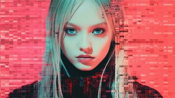 a girl with long blonde hair and a red background generative ai photo