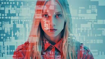 a girl with long blonde hair and a red shirt is in front of a computer screen generative ai photo