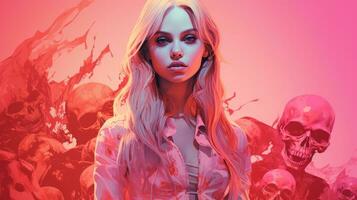 a girl with long blonde hair standing in front of a bunch of skulls generative ai photo