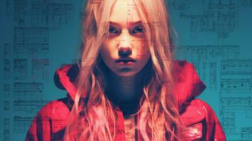 a girl with long blonde hair and a red jacket generative ai photo