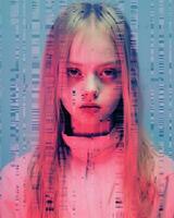 a girl with long blonde hair is standing in front of a computer screen generative ai photo