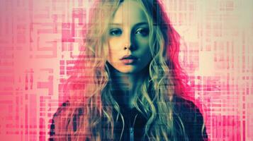 a girl with long blonde hair is standing in front of a pink background generative ai photo