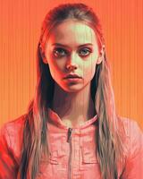a girl with long hair and a pink jacket generative ai photo