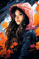 a girl with long hair and a pink hoodie is surrounded by autumn leaves generative ai photo