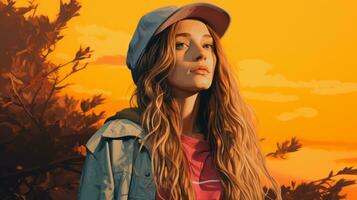 a girl with long hair and a hat is standing in front of a sunset generative ai photo