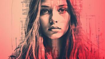 a girl with long hair and a red background generative ai photo