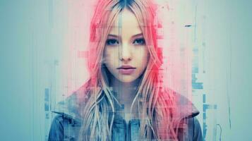 a girl with long hair and pink hair is in front of a blue background generative ai photo