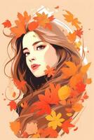 a girl with long hair is surrounded by autumn leaves generative ai photo