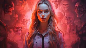a girl with long hair standing in front of a bunch of skulls generative ai photo