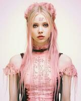 a girl with pink hair and pink makeup standing in front of a pink background generative ai photo