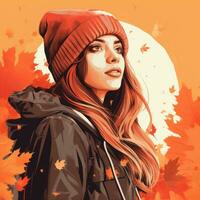 a girl with red hair and a beanie is standing in front of autumn leaves generative ai photo