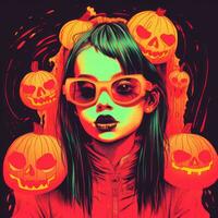 a girl with sunglasses and pumpkins on her head generative ai photo