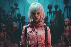 a girl with white hair standing in front of a group of skeletons generative ai photo