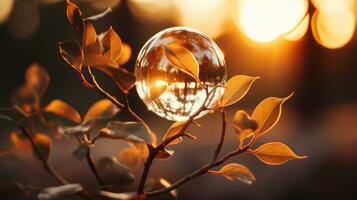 a glass ball is sitting on a branch with the sun setting in the background generative ai photo
