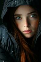 a girl with red hair and green eyes is wearing a black jacket generative ai photo