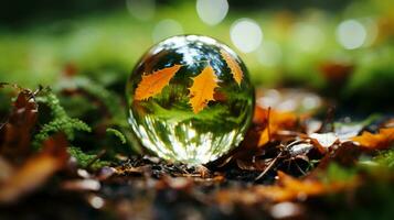 a glass ball with leaves on it in the grass generative ai photo