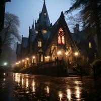 a gothic house in the rain generative ai photo