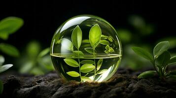 a green plant growing inside a glass sphere generative ai photo
