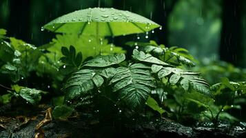 un verde paraguas en el lluvia con verde hojas generativo ai foto