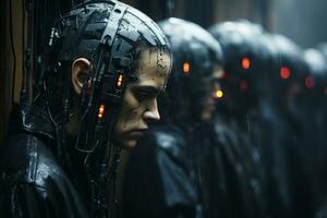 a group of people wearing cybernetic helmets generative ai photo