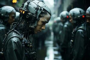 a group of people with helmets on in the rain generative ai photo