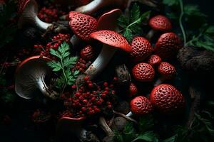 a group of red mushrooms and berries on a black background generative ai photo