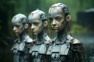 a group of three robots standing in the water generative ai photo