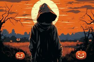 a halloween poster with a man in a hoodie standing in front of pumpkins generative ai photo