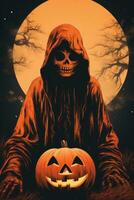 a halloween poster with a skeleton holding a pumpkin generative ai photo