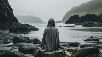 a hooded person sitting on rocks by the ocean generative ai photo