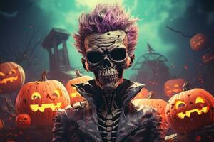a halloween skeleton with purple hair standing in front of pumpkins generative ai photo