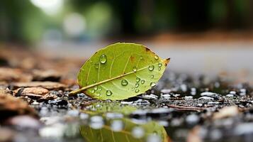 a leaf sits on the ground with water droplets on it generative ai photo