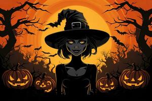 a halloween background with a witch and pumpkins generative ai photo