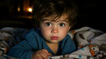 un pequeño chico tendido en cama a noche generativo ai foto