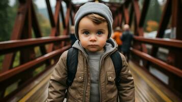 a little boy wearing a beanie and jacket walking across a bridge generative ai photo