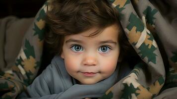 un pequeño chico con grande azul ojos debajo un cobija generativo ai foto