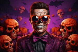 a halloween man in a suit and sunglasses surrounded by pumpkins and skulls generative ai photo