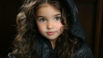 un pequeño niña en un negro chaqueta mirando a el cámara generativo ai foto
