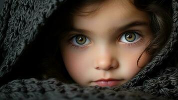 a little girl is wrapped up in a blanket generative ai photo