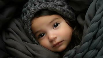 un pequeño niña es envuelto arriba en un gris cobija generativo ai foto