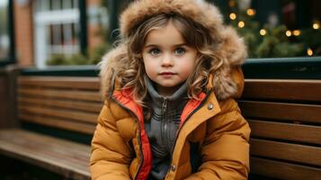 a little girl sitting on a bench in front of a christmas tree generative ai photo