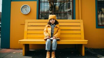 a little girl sitting on a bench in front of a yellow building generative ai photo