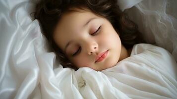 un pequeño niña dormido en cama con su ojos cerrado generativo ai foto