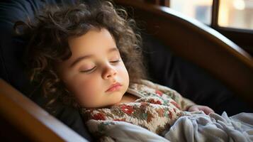 un pequeño niña dormido en un silla generativo ai foto