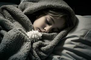 a little girl sleeping in bed with a white teddy bear generative ai photo