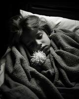 un pequeño niña dormido en cama generativo ai foto