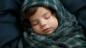 un pequeño niña dormido en un cobija con su ojos cerrado generativo ai foto