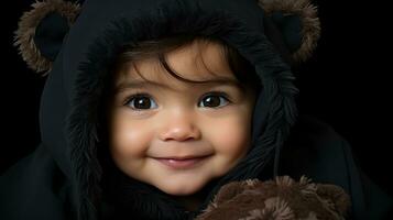 a little girl wearing a black hoodie and holding a teddy bear generative ai photo